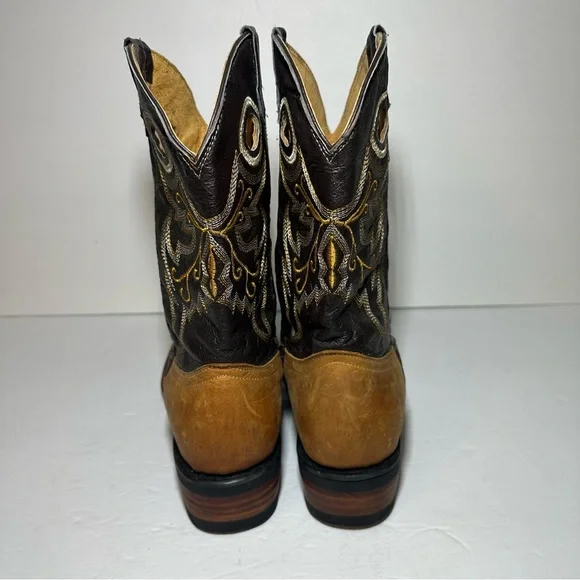 Mens Cowboy Tri-Color Tan Brown Leather Square Toe Rodeo Ranch Western Boots 9.5